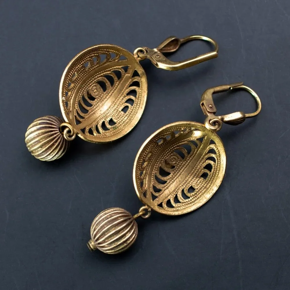 Gold filigree earrings dangle, fancy golden circle earrings